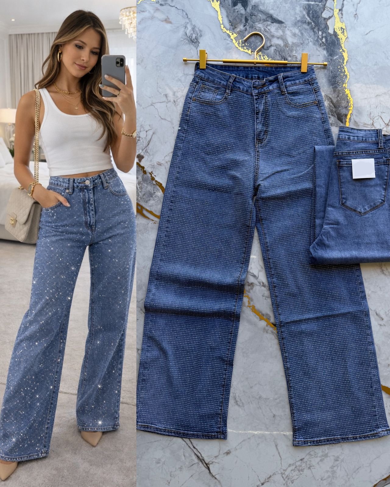 PANTALON MOM MEZCLILLA BRILLOS
