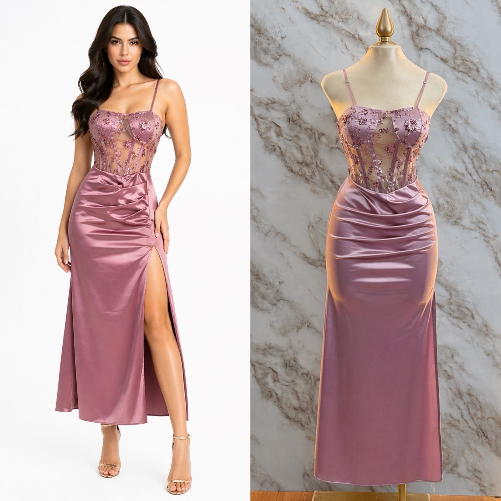 VESTIDO DE FIESTA CON CORSE EN MESH - Image 3