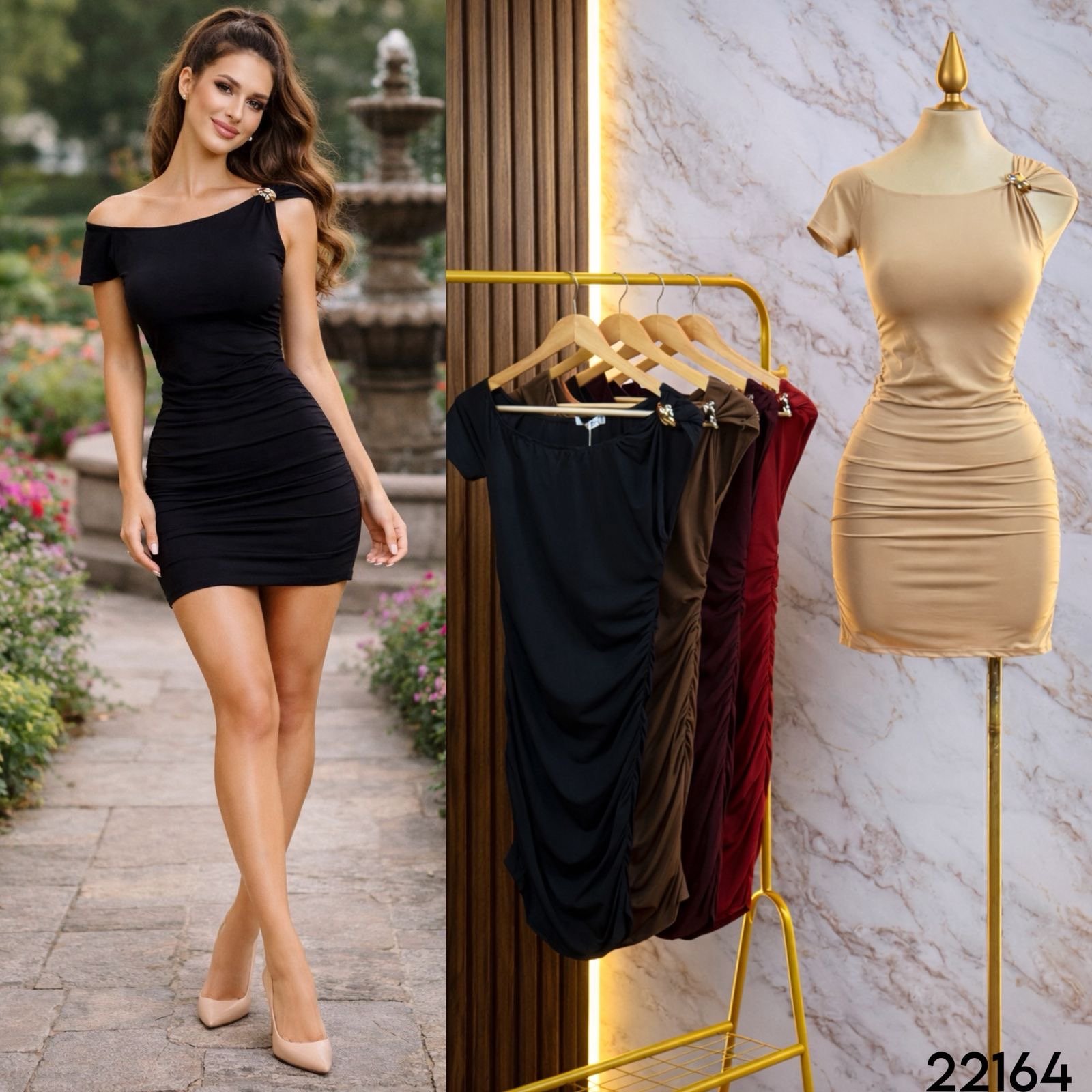 VESTIDO SATIN BROCHE HOMBRO 22164