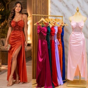 VESTIDO DE FIESTA SATINADO CON CORSE RODEADO DE LENTEJUELAS