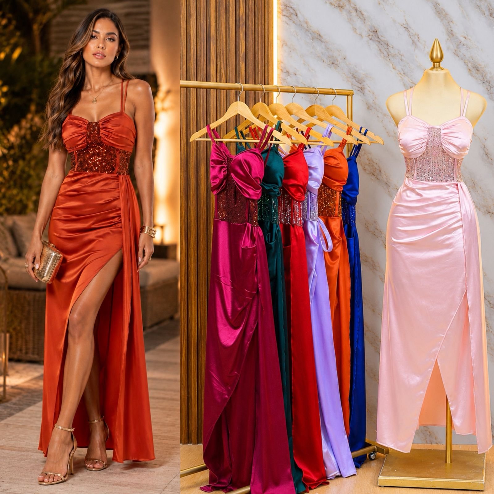 VESTIDO DE FIESTA SATINADO CON CORSE RODEADO DE LENTEJUELAS