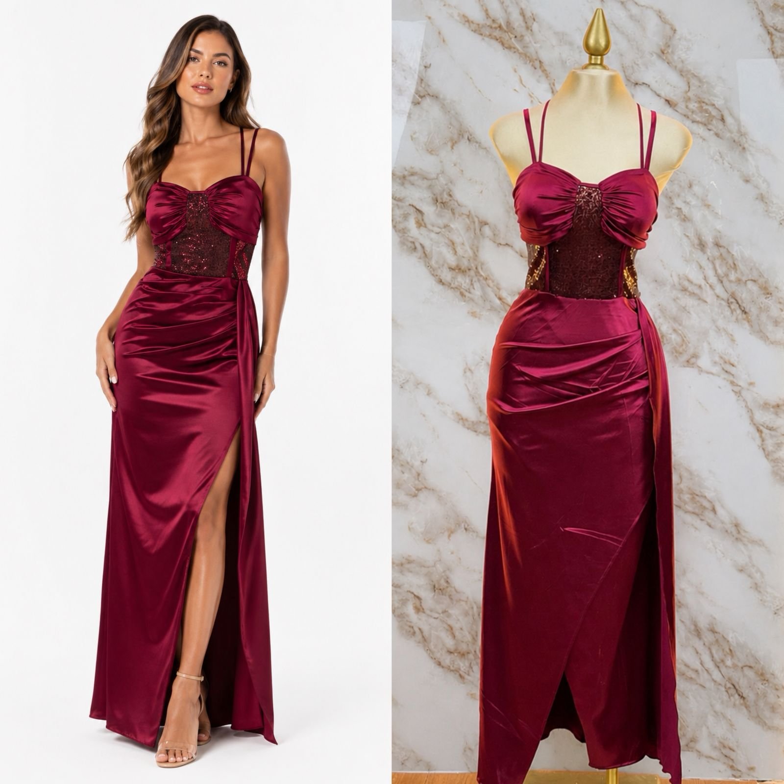 VESTIDO DE FIESTA SATINADO CON CORSE RODEADO DE LENTEJUELAS - Image 2