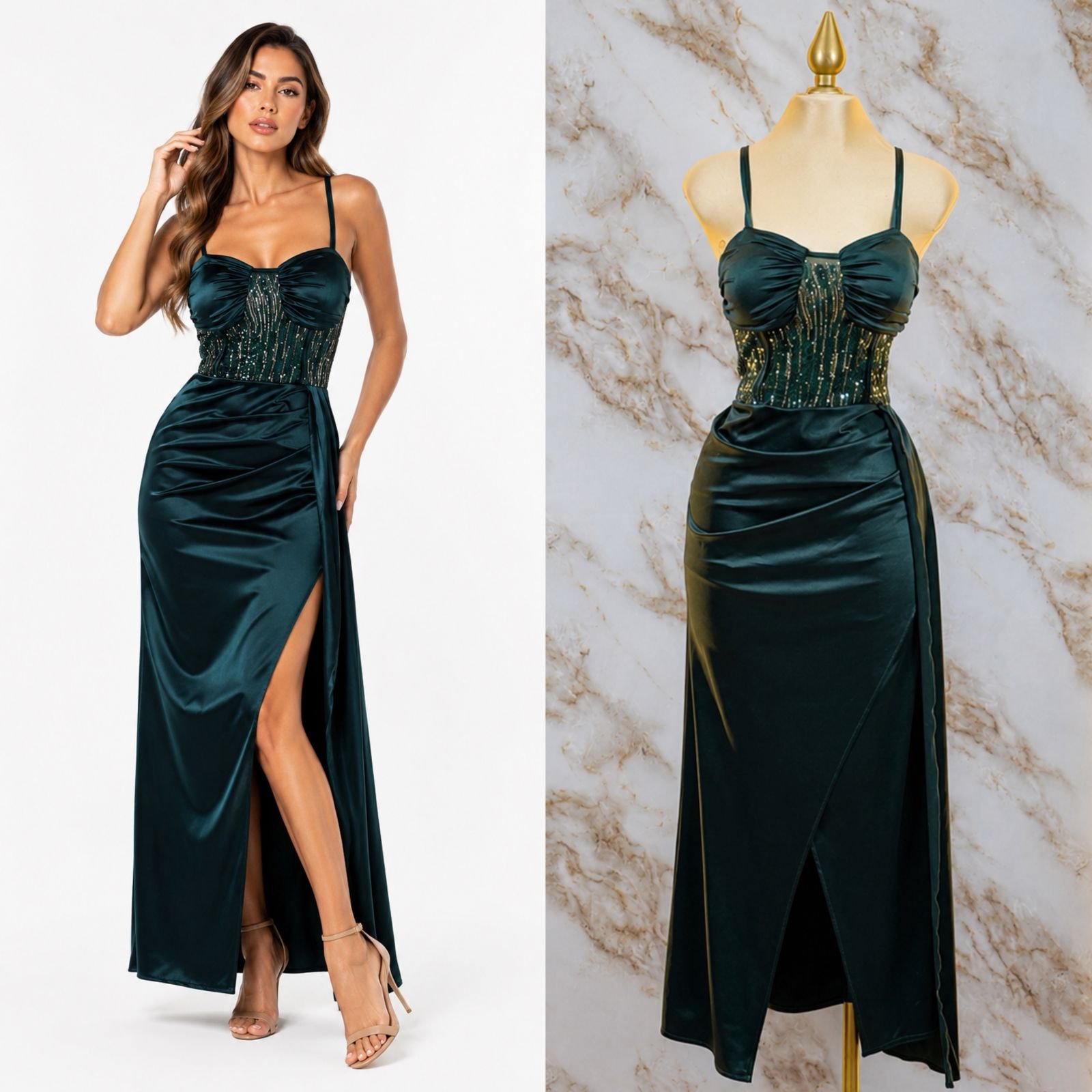VESTIDO DE FIESTA SATINADO CON CORSE RODEADO DE LENTEJUELAS - Image 3