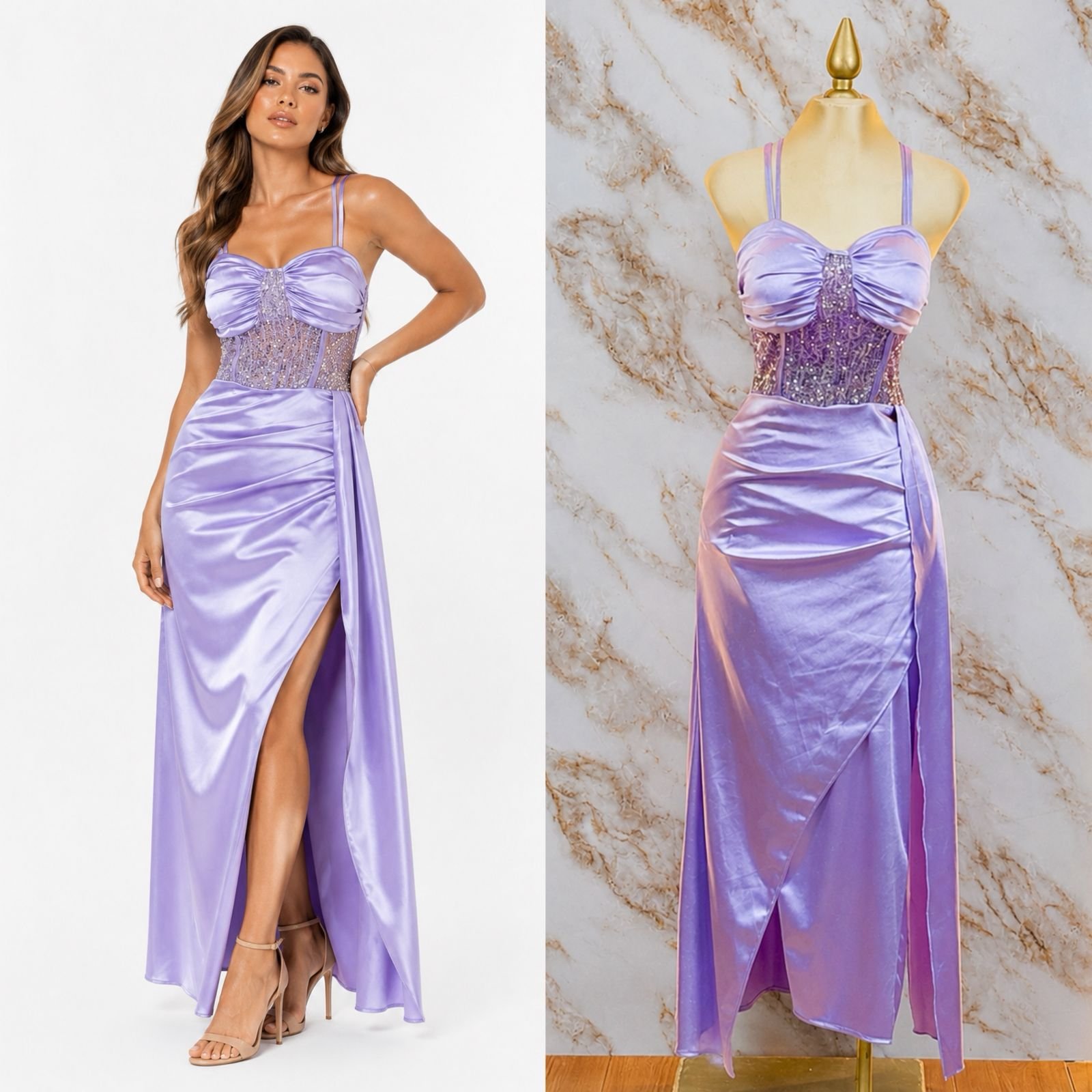 VESTIDO DE FIESTA SATINADO CON CORSE RODEADO DE LENTEJUELAS - Image 4