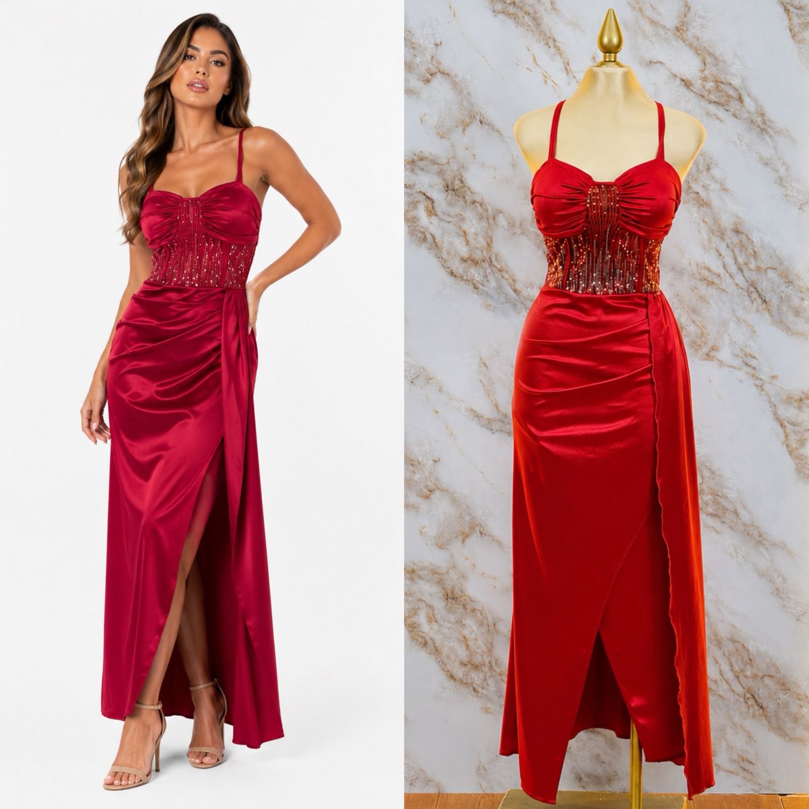 VESTIDO DE FIESTA SATINADO CON CORSE RODEADO DE LENTEJUELAS - Image 6