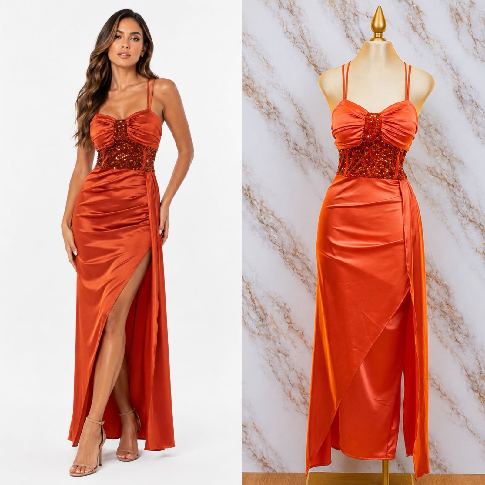 VESTIDO DE FIESTA SATINADO CON CORSE RODEADO DE LENTEJUELAS - Image 5