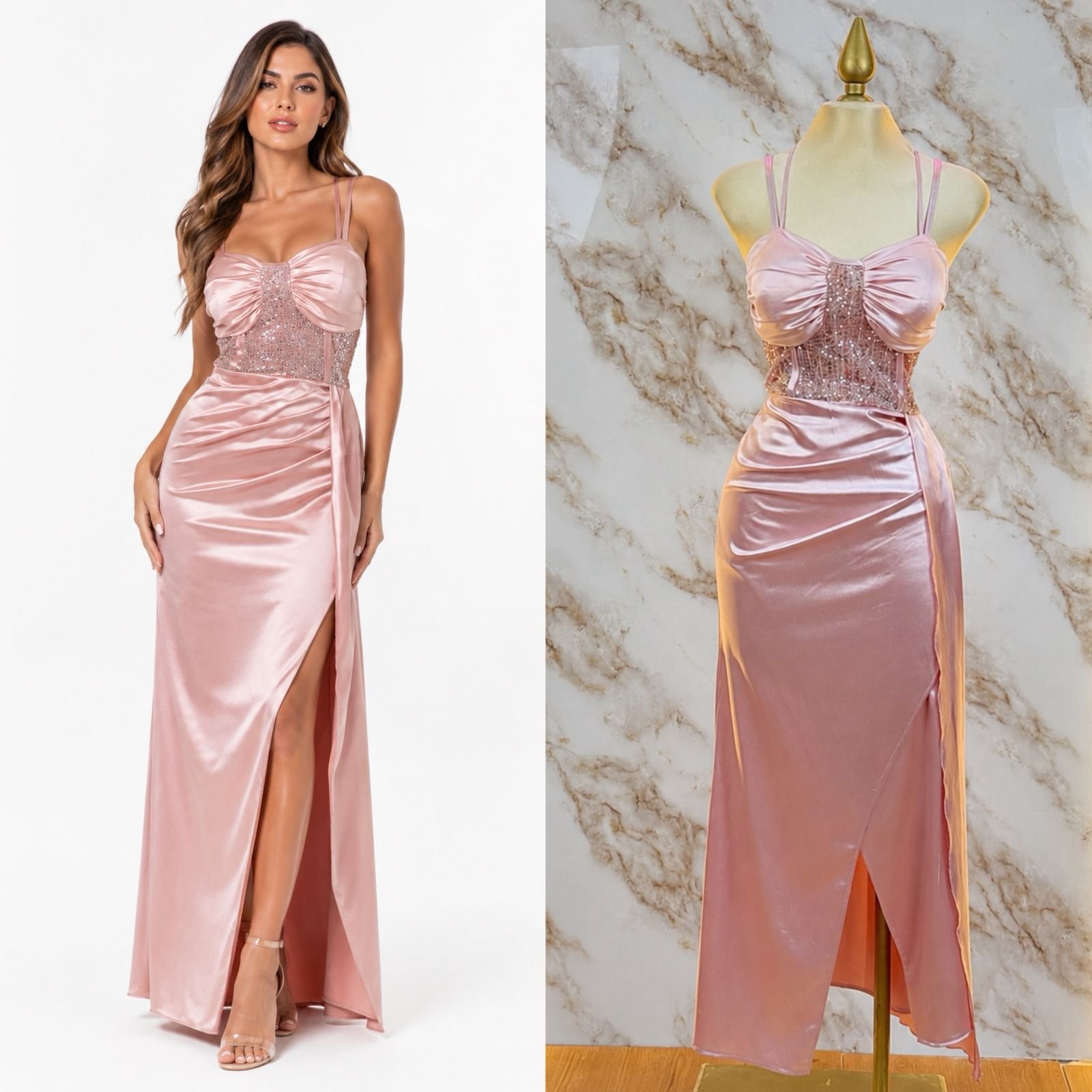 VESTIDO DE FIESTA SATINADO CON CORSE RODEADO DE LENTEJUELAS - Image 8