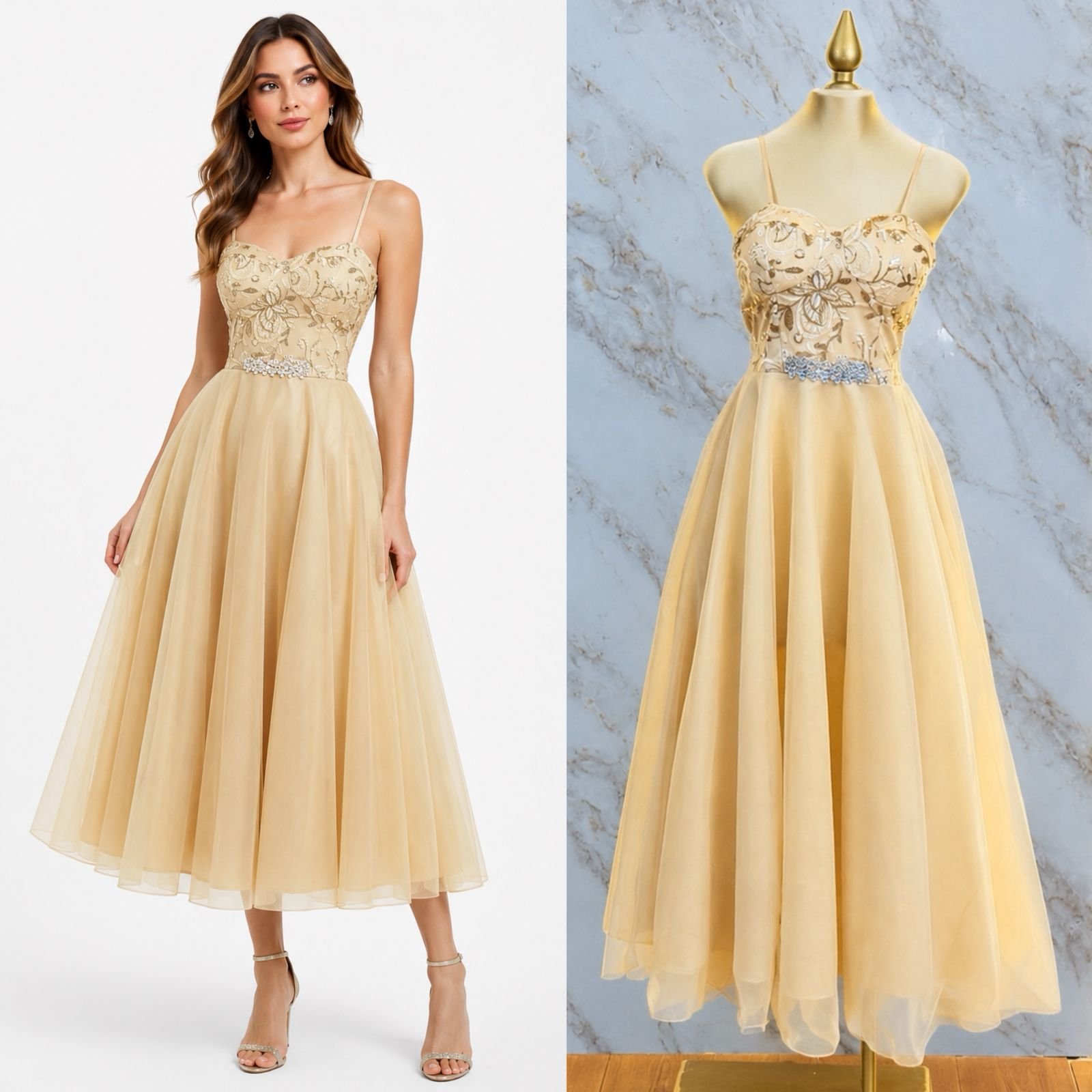 VESTIDO DE FIESTA CON CORTE EN A CON CINTILLA DE FLORES - Image 3