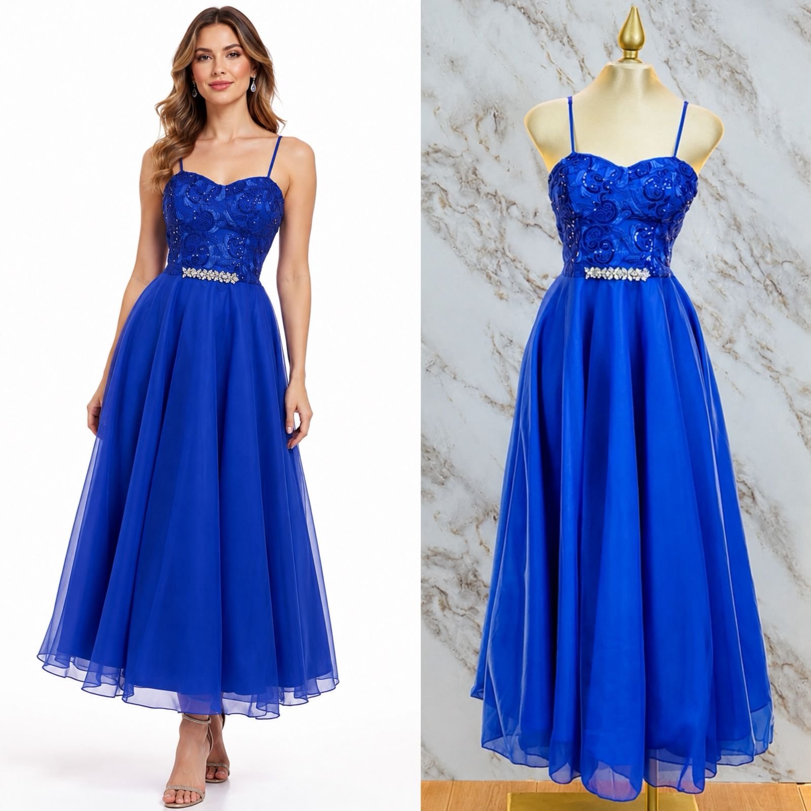 VESTIDO DE FIESTA CON CORTE EN A CON CINTILLA DE FLORES - Image 2
