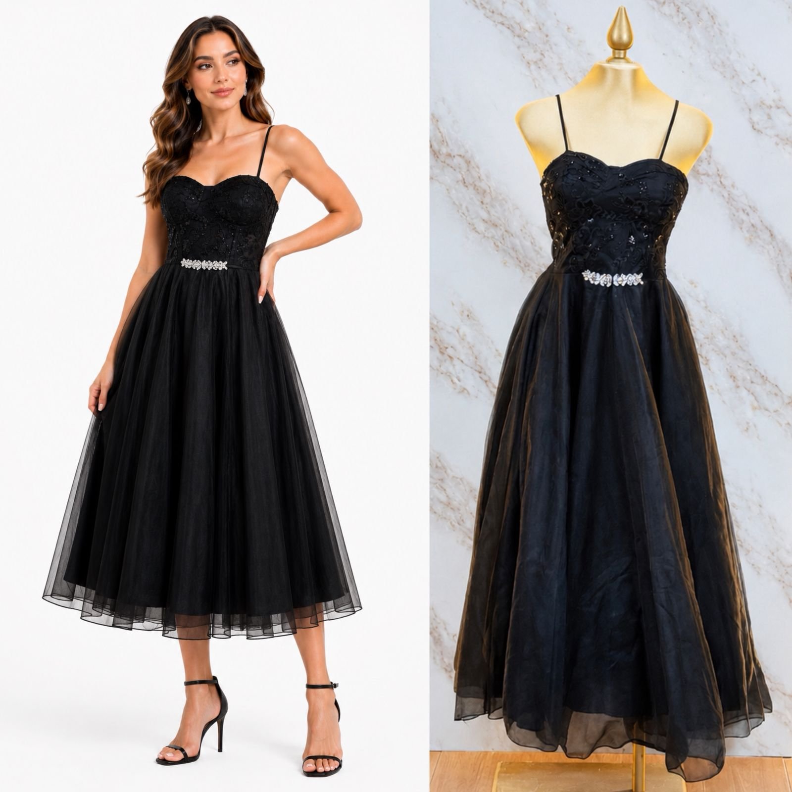 VESTIDO DE FIESTA CON CORTE EN A CON CINTILLA DE FLORES - Image 6