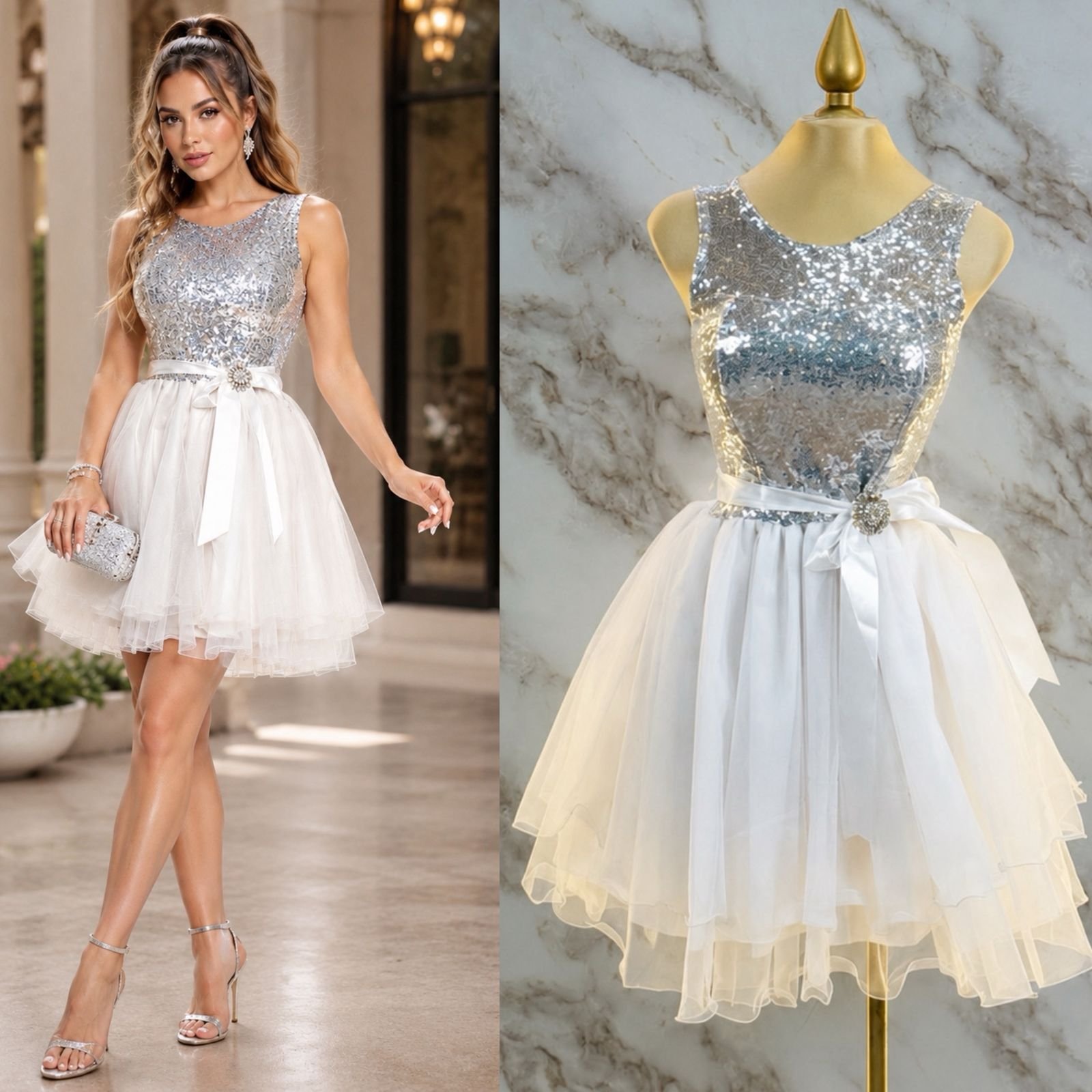 VESTIDO DE FIESTA JUVENIL DETALLES EN LENTEJUELA PLATEADA