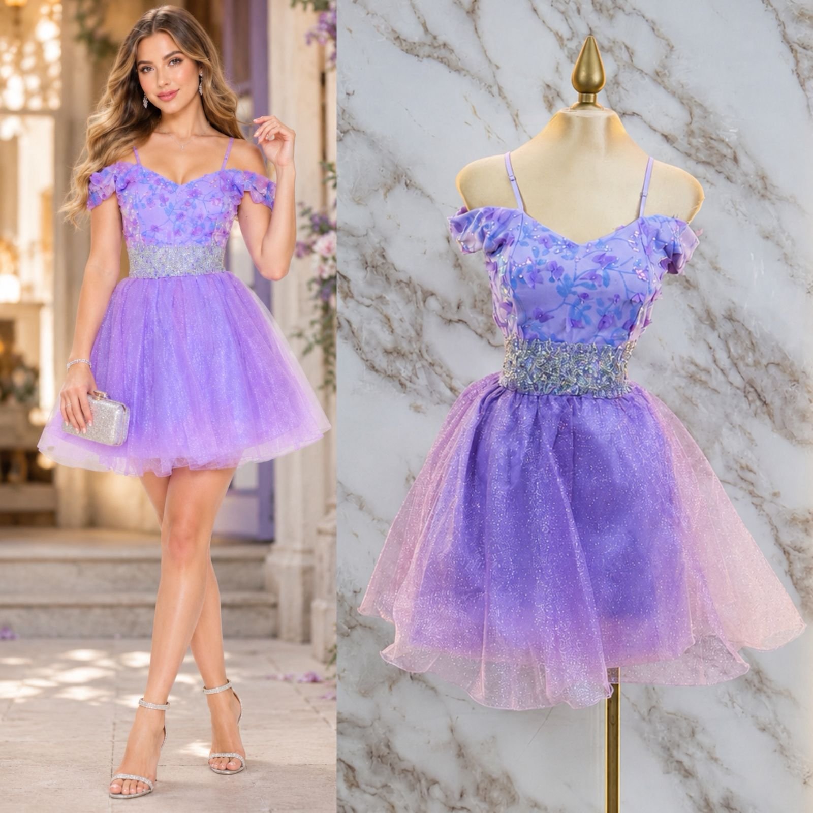 VESTIDO DE FIESTA LILA PRINCESA CON AJUSTE DE BRILLOS