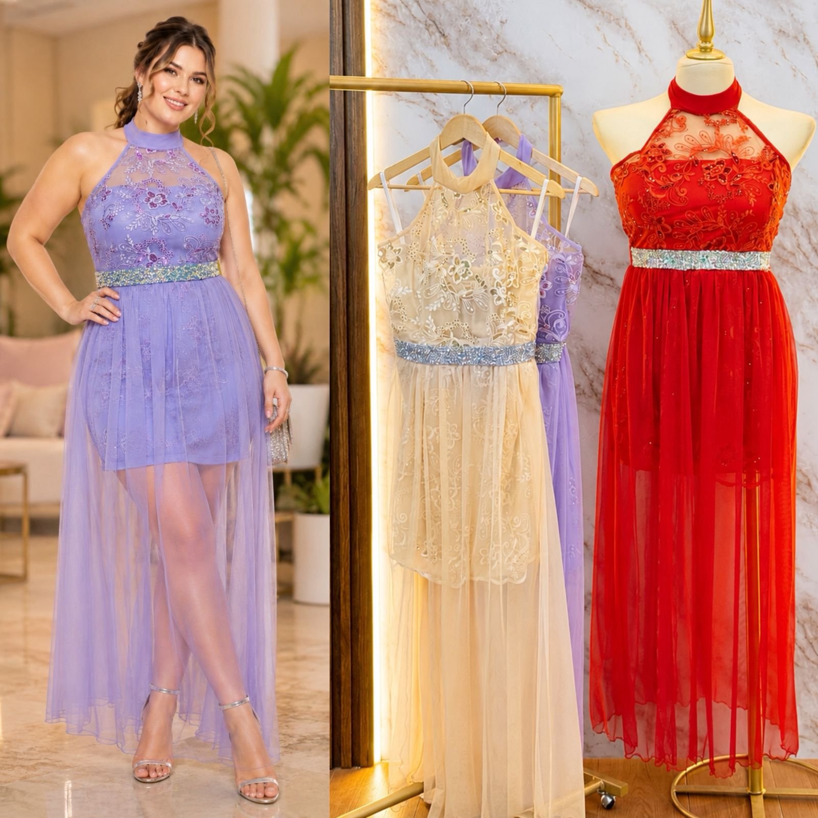 VESTIDO DE FIESTA JUVENIL CON HALTER ALTO CON FALDA DE TUL TRANSPARENTE
