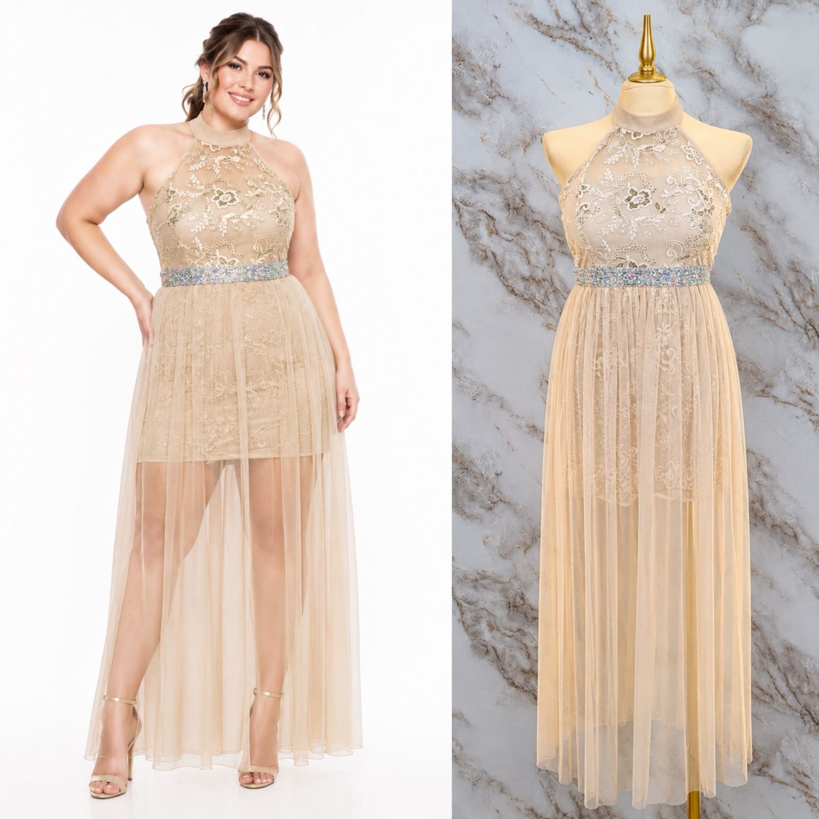 VESTIDO DE FIESTA JUVENIL CON HALTER ALTO CON FALDA DE TUL TRANSPARENTE - Image 2