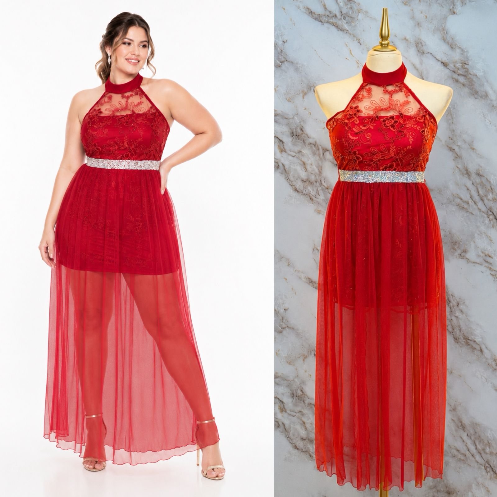 VESTIDO DE FIESTA JUVENIL CON HALTER ALTO CON FALDA DE TUL TRANSPARENTE - Image 3