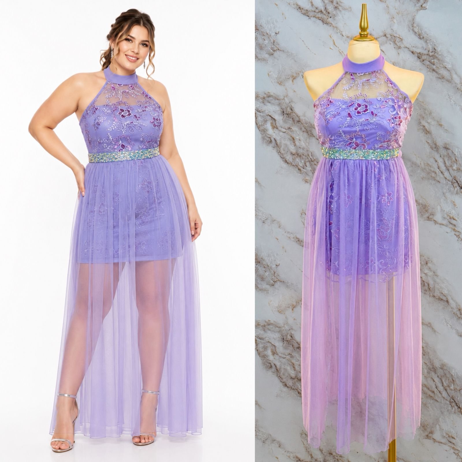 VESTIDO DE FIESTA JUVENIL CON HALTER ALTO CON FALDA DE TUL TRANSPARENTE - Image 4
