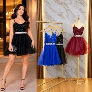 VESTIDO CORTO CON CINTURON DE CRISTALES MARIPOSAS