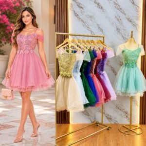 VESTIDO DE FIESTA CON CINTILLA DE FLORES Y CORSET BORDADO