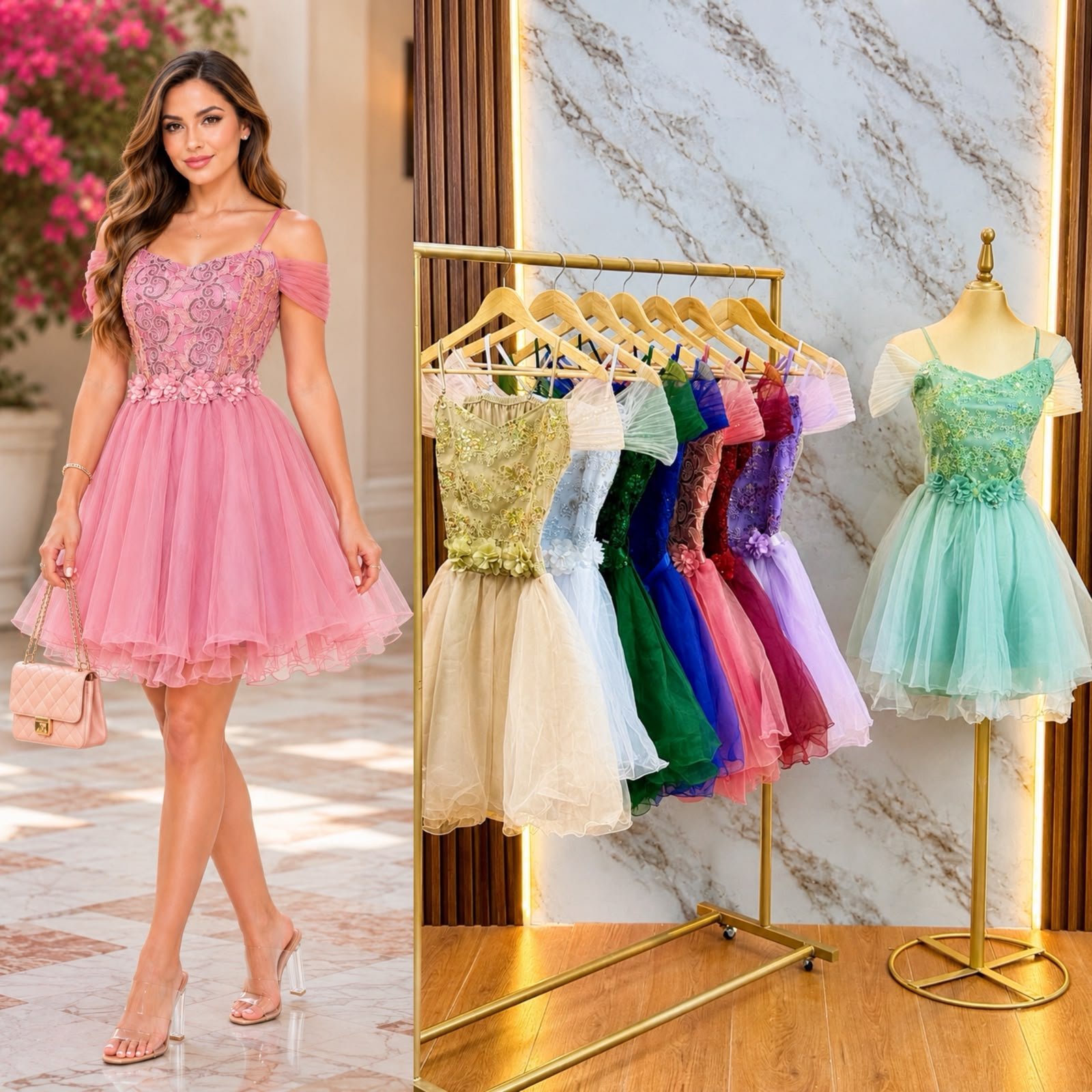 VESTIDO DE FIESTA CON CINTILLA DE FLORES Y CORSET BORDADO