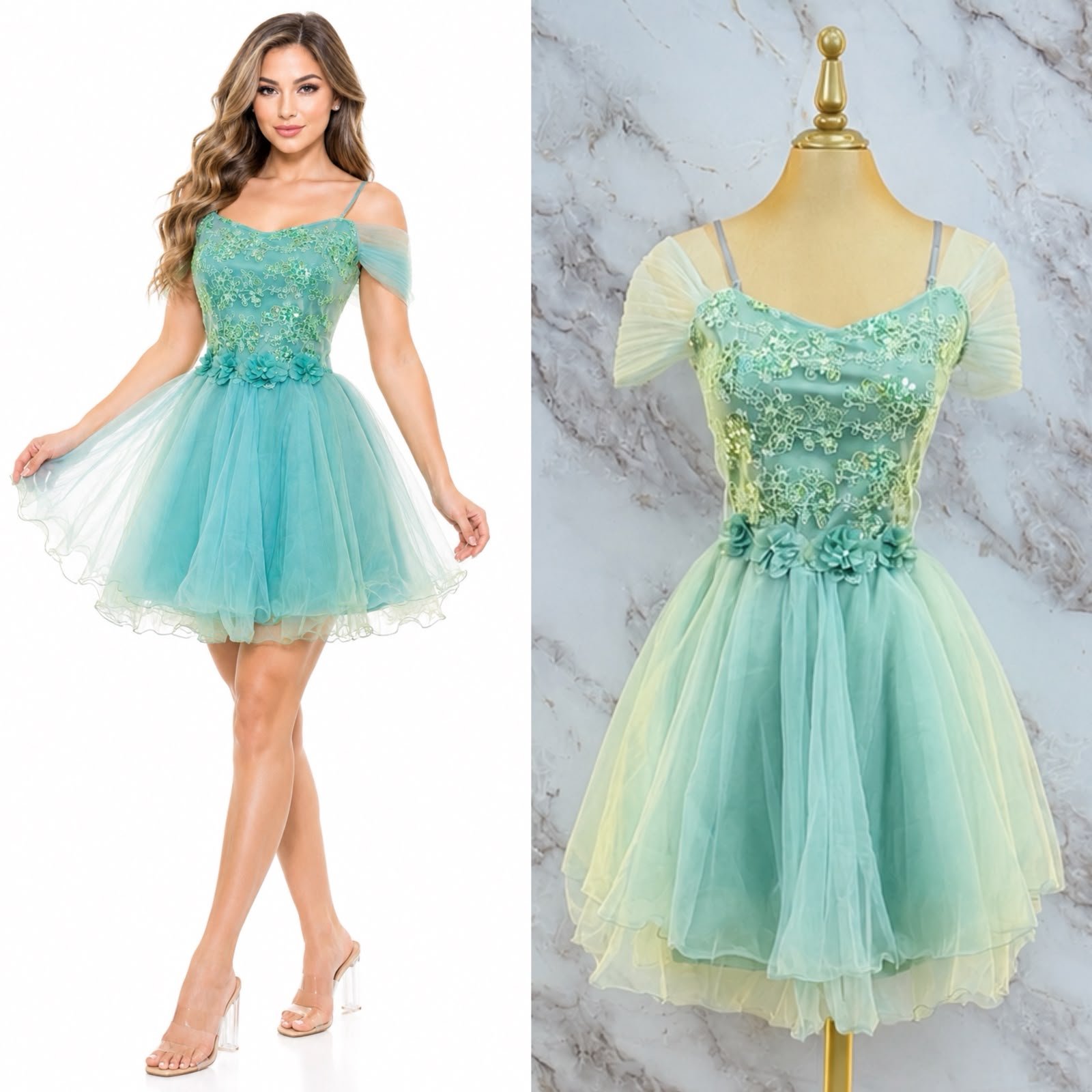 VESTIDO DE FIESTA CON CINTILLA DE FLORES Y CORSET BORDADO - Image 2