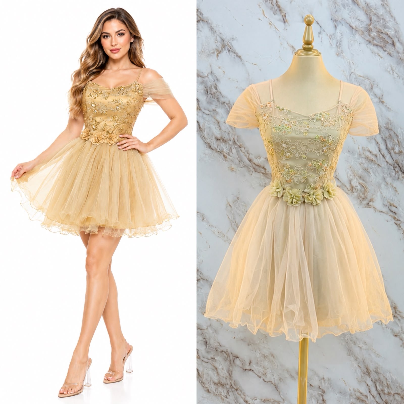 VESTIDO DE FIESTA CON CINTILLA DE FLORES Y CORSET BORDADO - Image 3