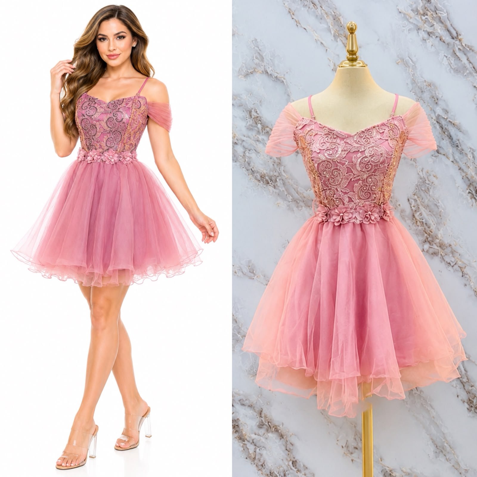 VESTIDO DE FIESTA CON CINTILLA DE FLORES Y CORSET BORDADO - Image 5