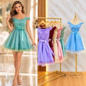VESTIDO DE FIESTA JUVENIL CON CORSET BORDAD Y DETALLE DE CINTILLA