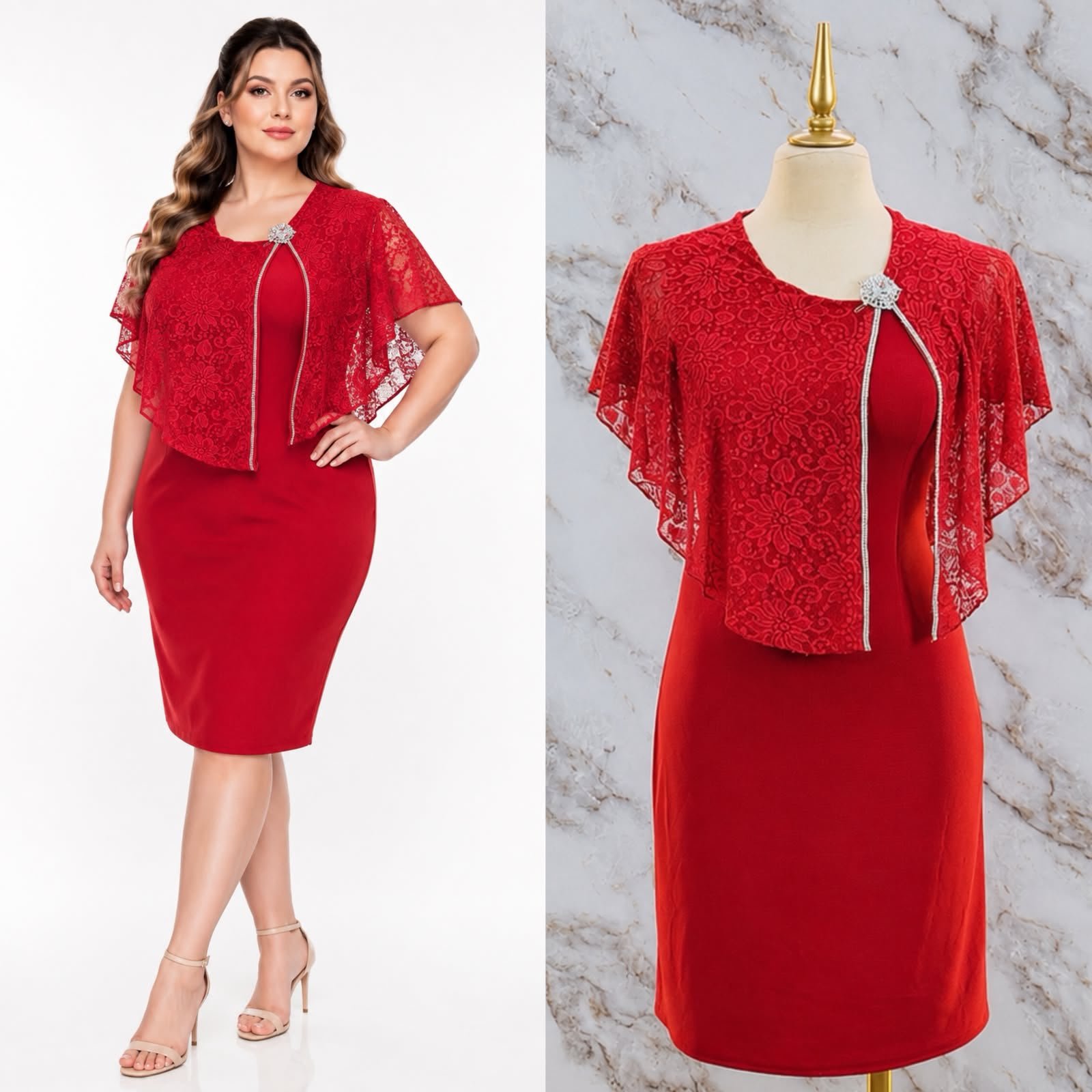 VESTIDO DE FIESTA CON CAPA DE ENCAJE - Image 2