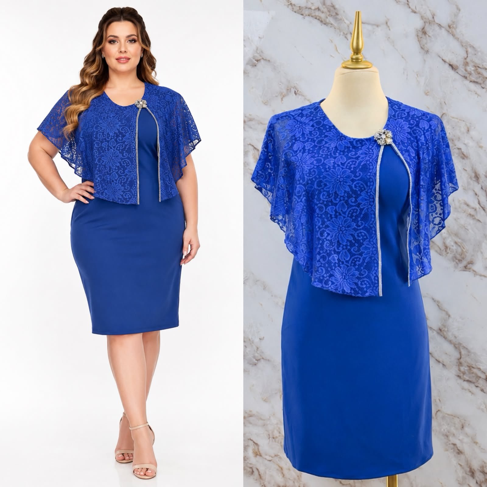 VESTIDO DE FIESTA CON CAPA DE ENCAJE - Image 3